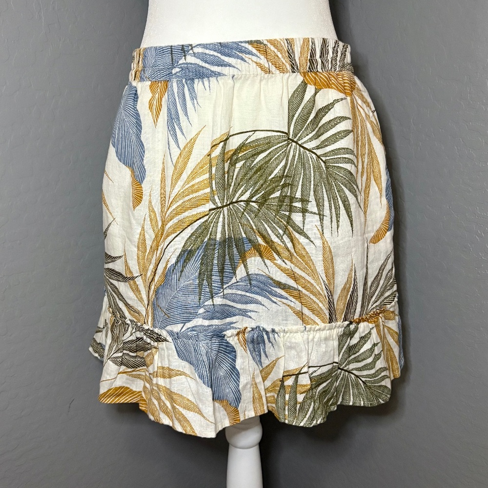 Tahari Ivory Yellow Green Blue Leaf Tropical Linen‎ Ruffle Mini Skirt Size  L